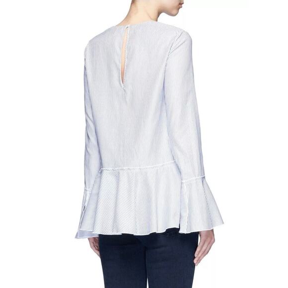Theory Lexanda Mason White Blue Striped Long Bell Sleeve Peplum Blouse Top Sz XS - Picture 2 of 9